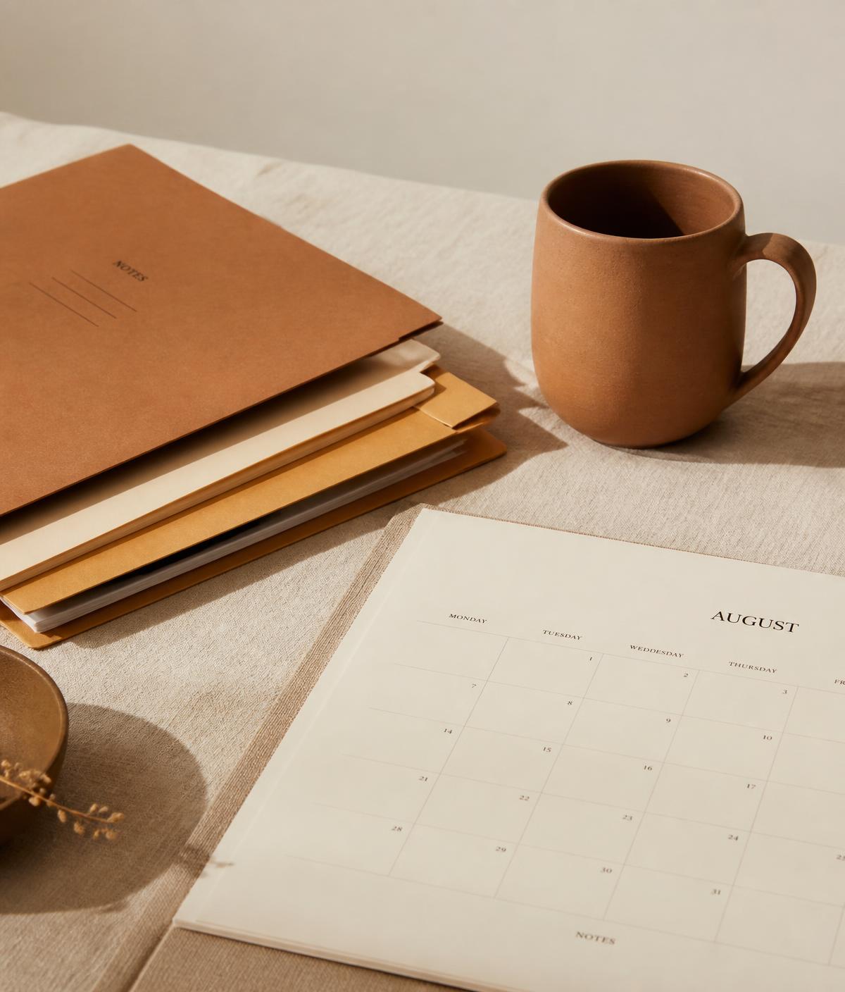 Dossiers classés et agenda sur un bureau en lin beige