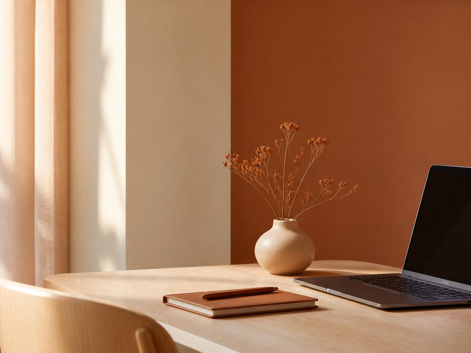 Bureau lumineux aux tons terracotta avec ordinateur et carnet